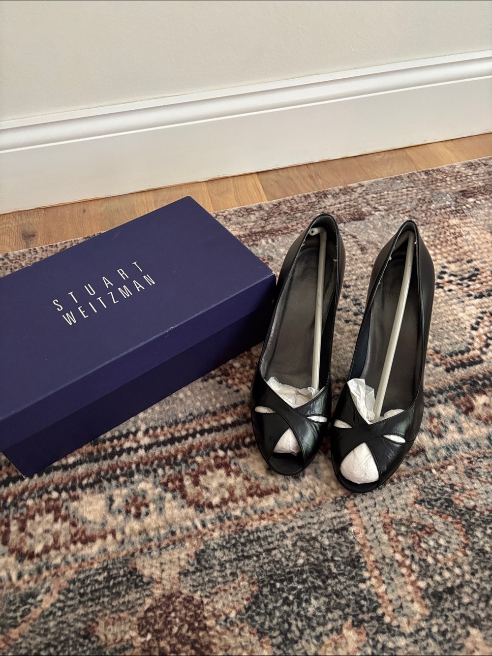 Stuart Weitzman Black Leather Peep-Toe Crossover Heels